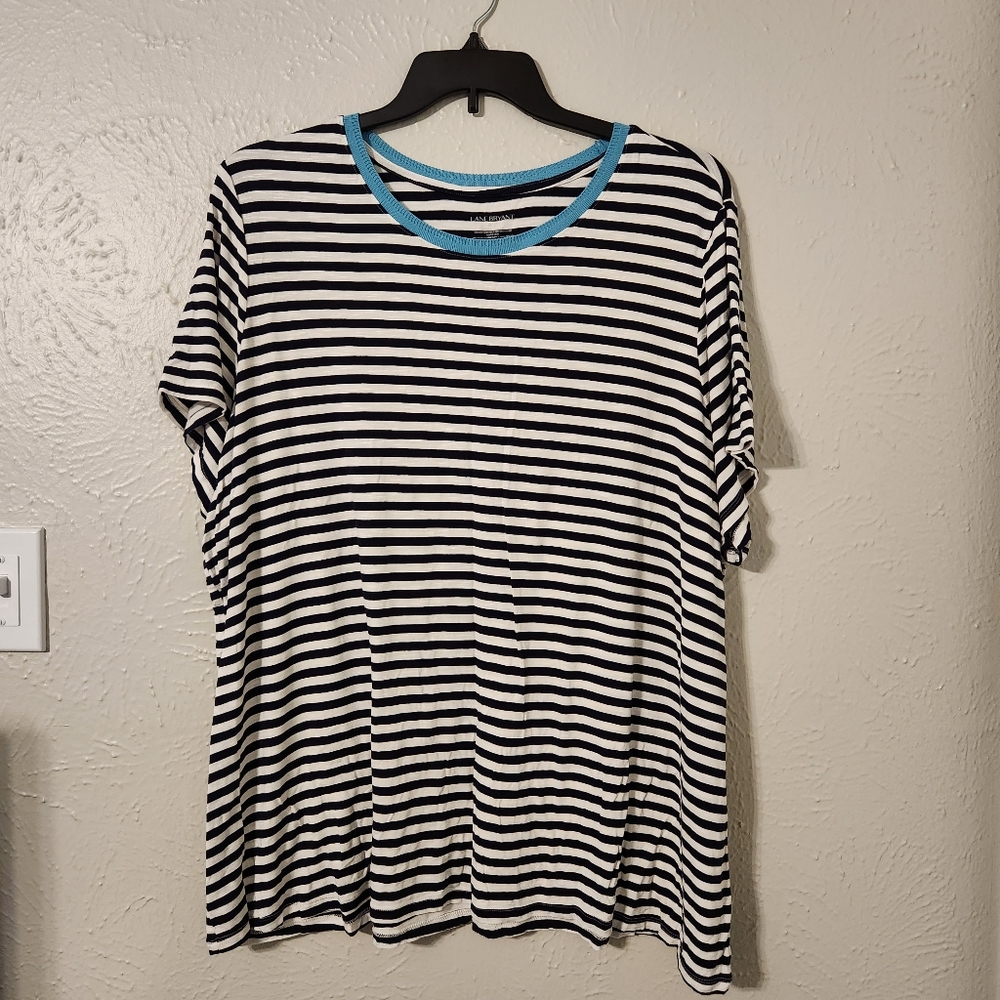 Lane Bryant Black & White Striped Tee With A Blue Crew Neck Accent